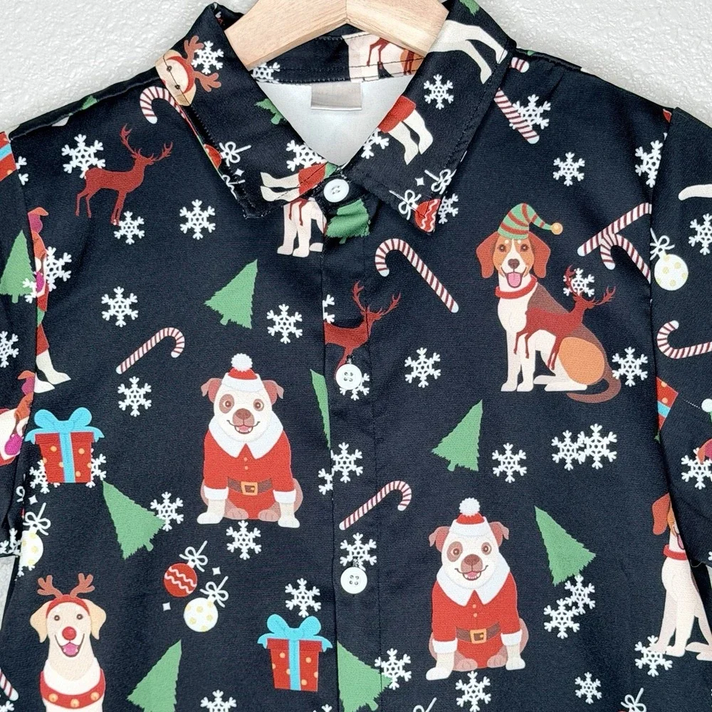 Boys Christmas Dog Button Up Shirt‎ Youth L 10/12 Holiday Santa Reindeer Novelty